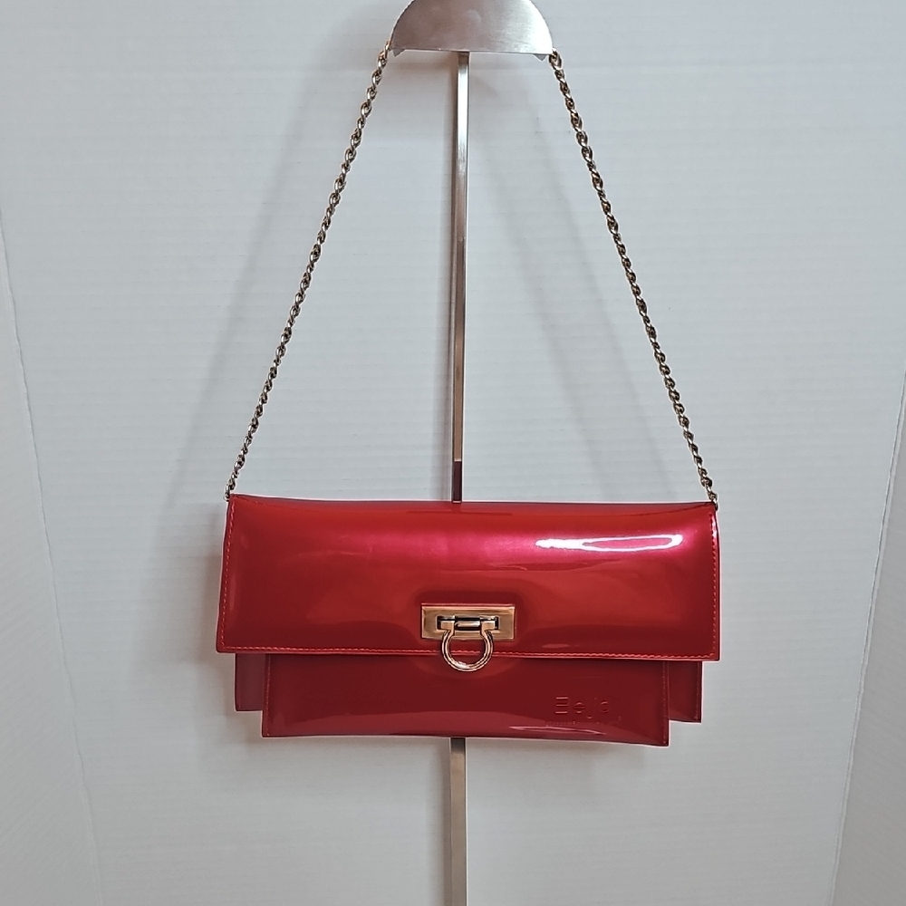 Beijo Red Patent Chain Shoulder Clutch with Gold Hardware